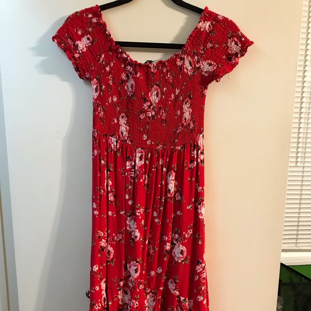 Charlotte Russe red floral dress, off the shoulder